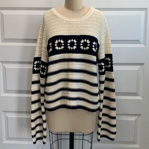 NWT LA LIGNE 100% cotton color block crochet sweater with stripes at bottom